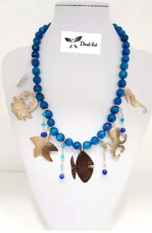 Choker necklace with agate and marine elements handcrafted in brass