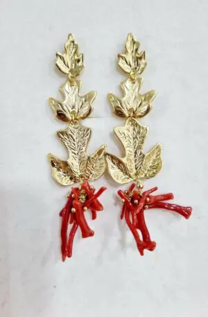Brass leaf earrings with coral