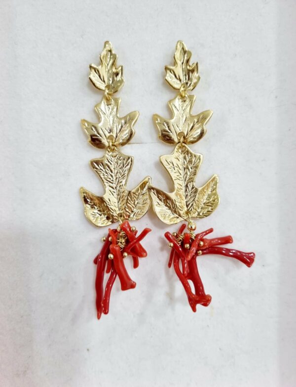 Brass leaf earrings with coral