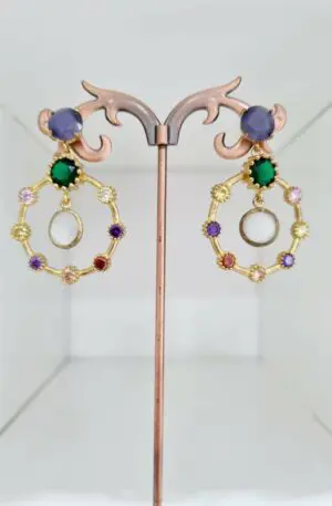 Multicolored earrings made with brass zircons and cat's eye Length 4.5cm Weight 7.3g