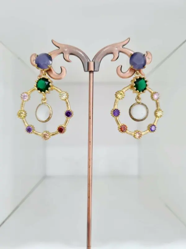 Multicolored earrings made with brass zircons and cat's eye Length 4.5cm Weight 7.3g