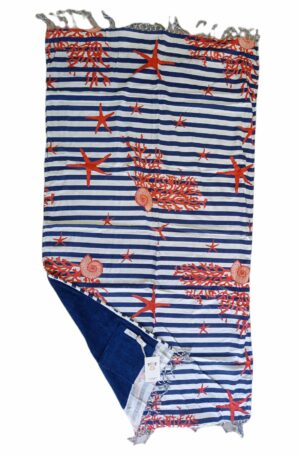 Starfish beach towel with fringes, internal pocket with velcro closure, composition: 100% external cotton and 100% internal microsponge, width 92 cm, length 160 cm