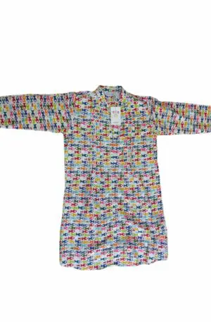 Caftan shirt with multicolor fish pattern with buttons, opaque fabric, 3-quarter sleeve with button to make the sleeve short. Presence of decorations with micro beads. Sizes: S/M; L/XL100% cotton