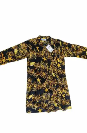 Caftan chemise motif corail doré avec boutons, tissu opaque, manches 3 quarts avec bouton pour réaliser des manches courtes. tailles : s/m ; l/xl 100% coton