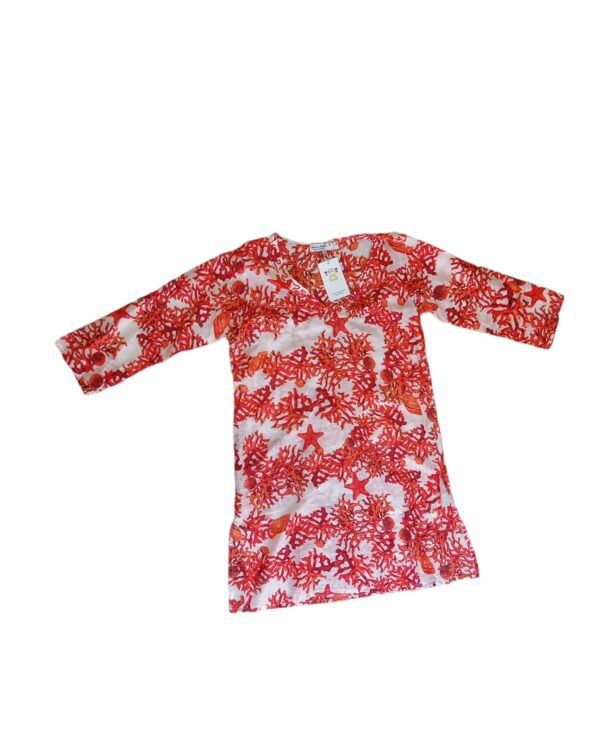 Coral patterned caftan with white background, side slits, slightly sheer fabric, V-neck, presence of microbeadsSizes: S/M; L/XL100% Cotton