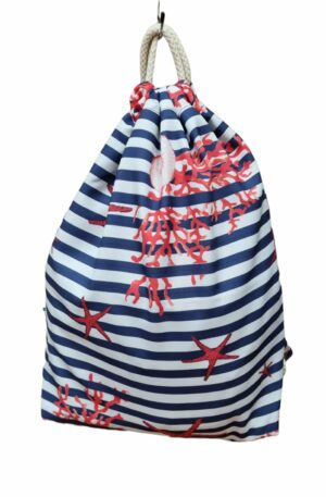 Coral backpack with blue and white stripes background