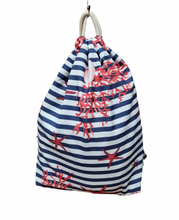 Coral backpack with blue and white stripes background