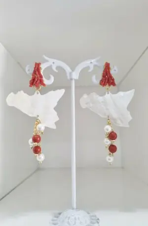 Earrings made with mother of pearl, coral, freshwater pearls and coral paste. Weight 5.7g Length 7cm