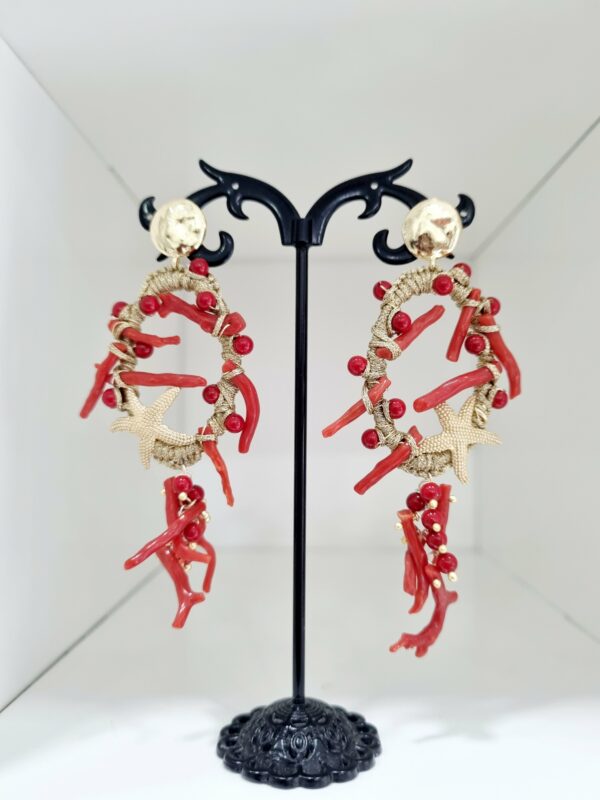 earrings handcrafted with fabric, coral, coral paste and brass. Weight 10.5g Length 8.5cm