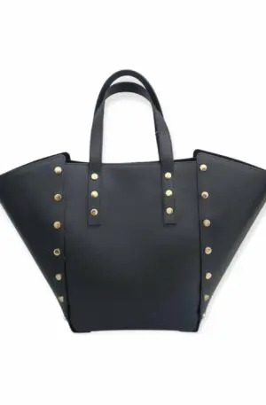 Genuine leather bag, made in Italy, black color with very large gold studs, button closure. Equipped with a removable internal bag with zip closure. bag measurements Mouth 56cm, base 14cm, length 25cm, height 32cm, tops 21 cm. Internal bag measurements length 25/30cm, height 25cm, base 13cm.
