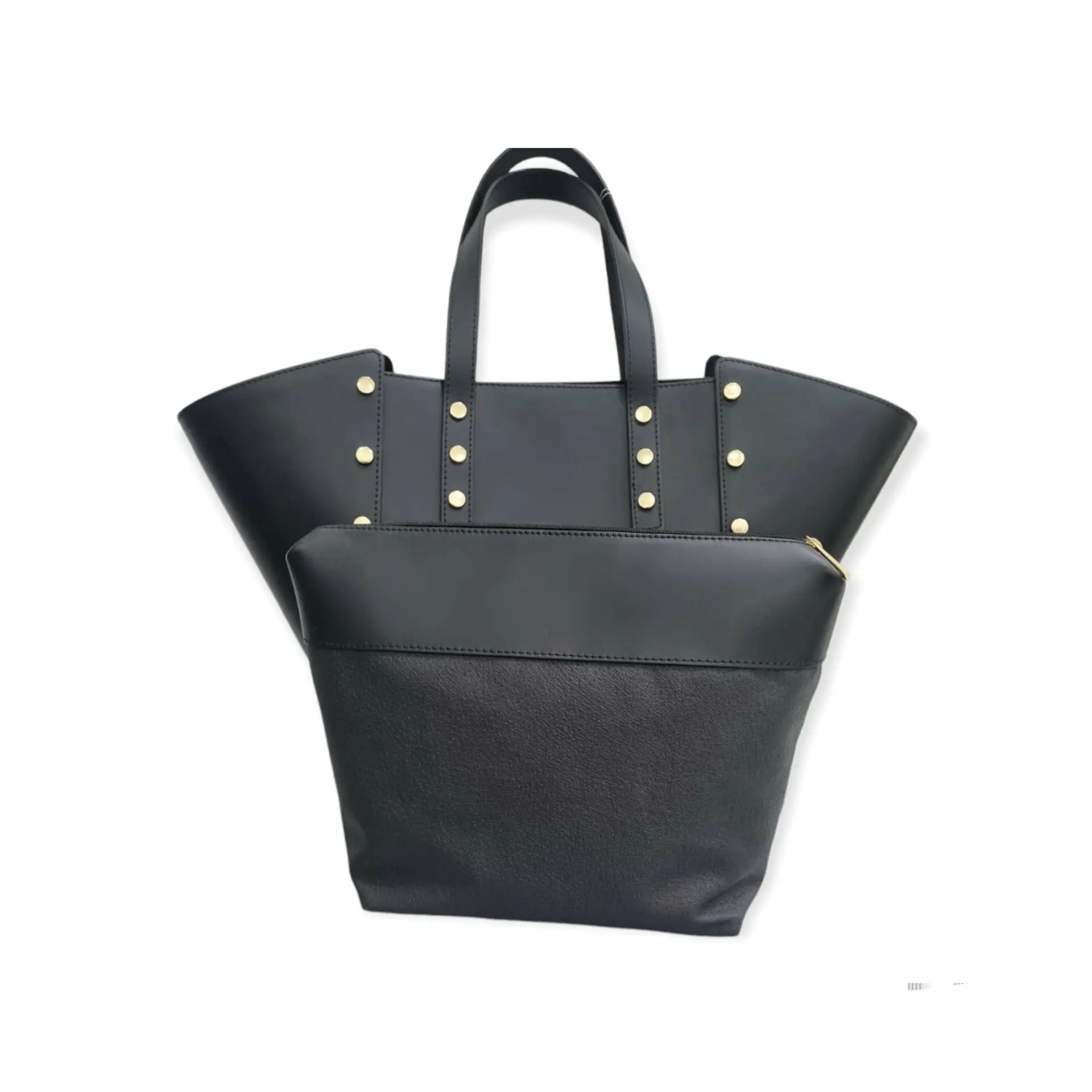 Genuine leather bag, made in Italy, black color with very large gold studs, button closure. Equipped with a removable internal bag with zip closure. bag measurements Mouth 56cm, base 14cm, length 25cm, height 32cm, tops 21 cm. Internal bag measurements length 25/30cm, height 25cm, base 13cm.