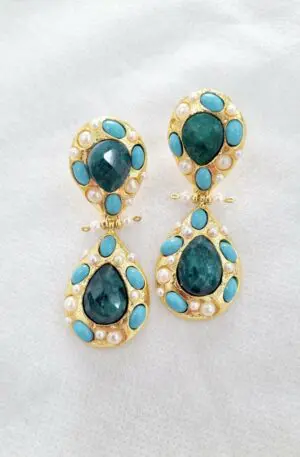 Earrings made on a brass base with natural turquoise stones and Majorca pearls set. Length 5cm Weight 12.3g