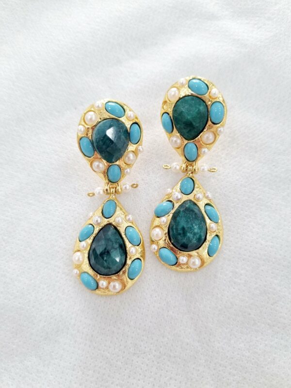 Earrings made on a brass base with natural turquoise stones and Majorca pearls set. Length 5cm Weight 12.3g