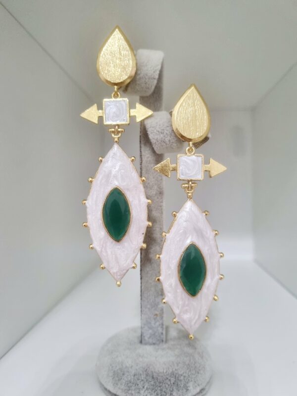 Earrings made on an enamelled brass base and green agate centre. Weight 15.3g Length 9cm