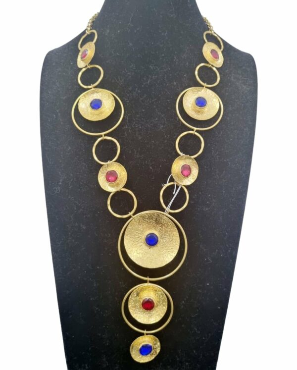 Necklace handcrafted with hammered brass and blue and red crystals. Choker length 54cm, pendant 11cm