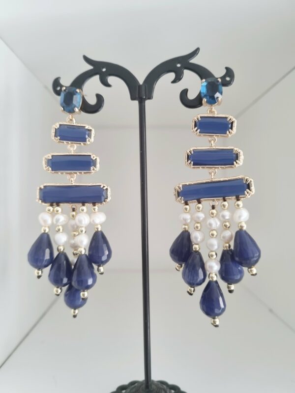 Earrings made with blue cat's eye and freshwater pearls. Weight 17g Length 9 cm