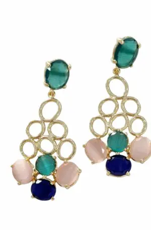 Earrings made with brass and cat's eye set in powder pink, green and blue. Weight 12.2g Length 6.5cm