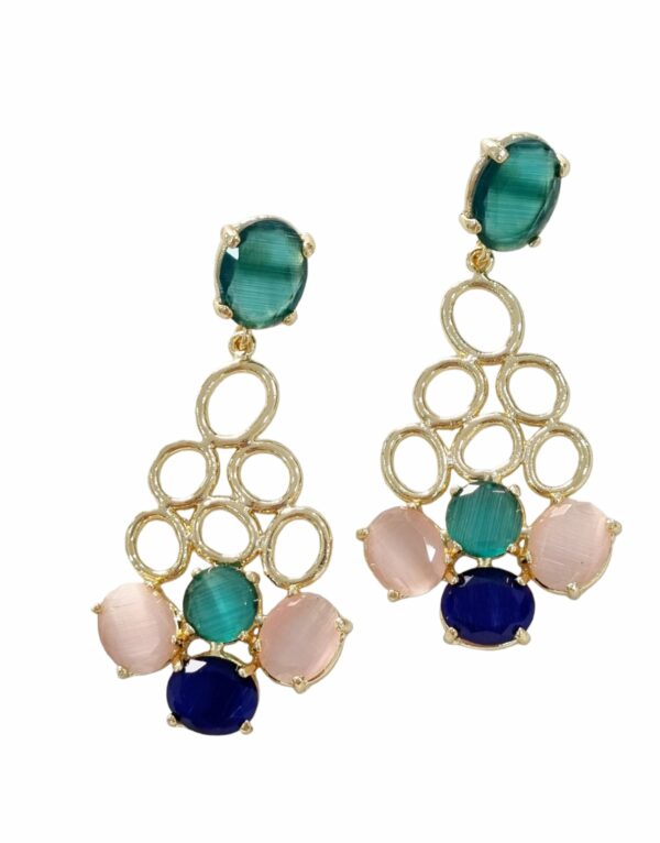 Earrings made with brass and cat's eye set in powder pink, green and blue. Weight 12.2g Length 6.5cm