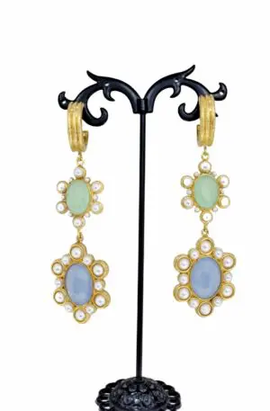 Earrings made with pastel natural stones set in brass. Length 9cm Weight 16.8