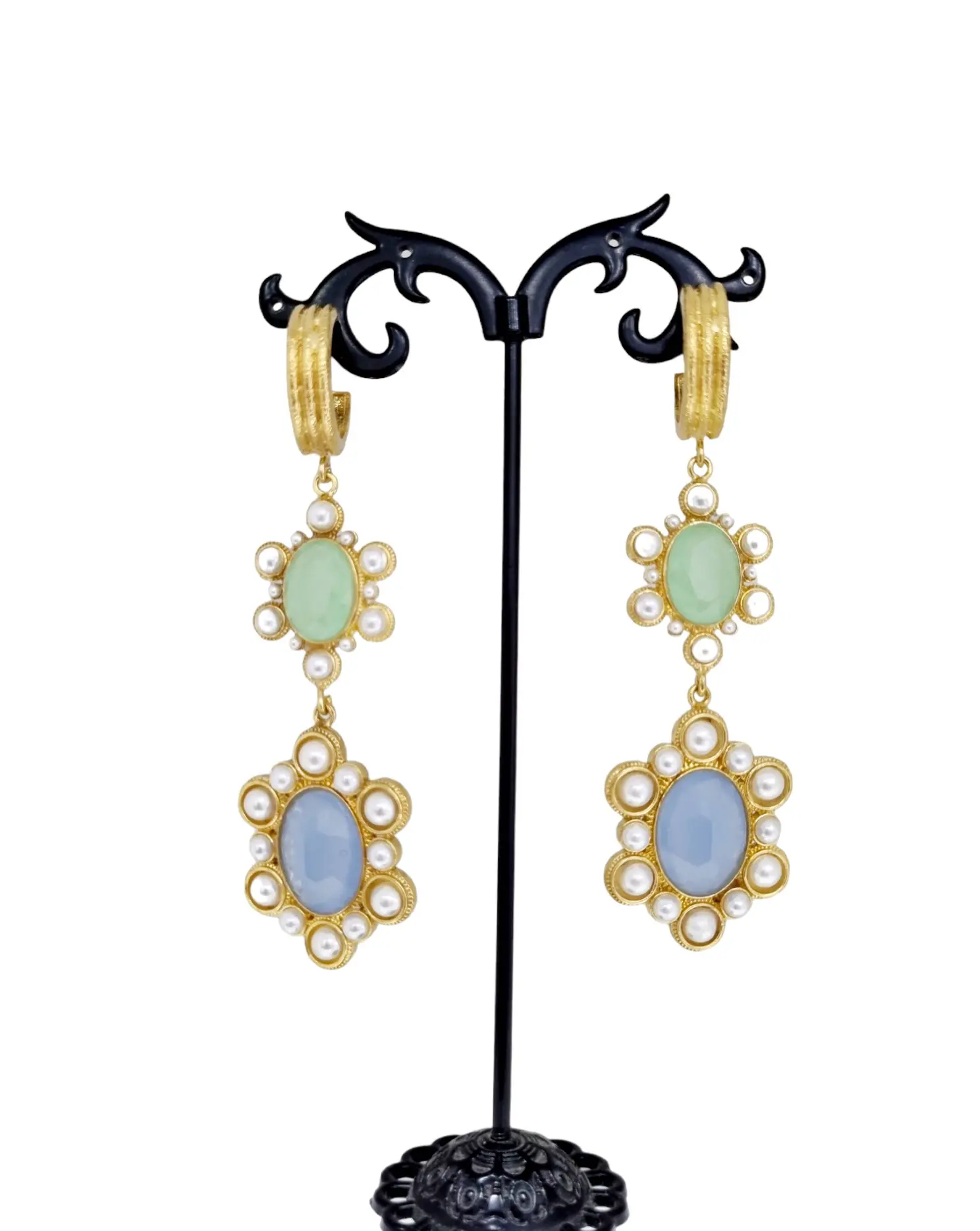 Earrings made with pastel natural stones set in brass. Length 9cm Weight 16.8