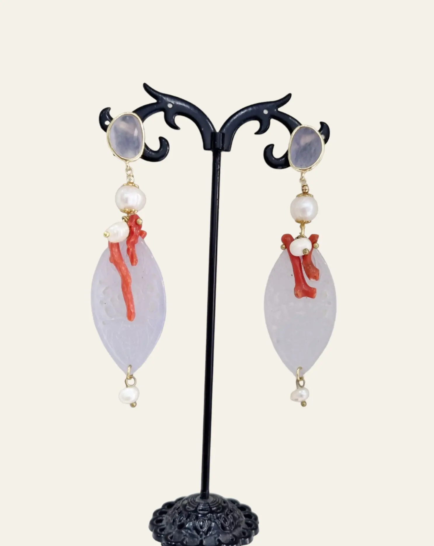 Earrings made with wisteria jade, coral and river pearls. Length 8.5cm Weight 7.7 g