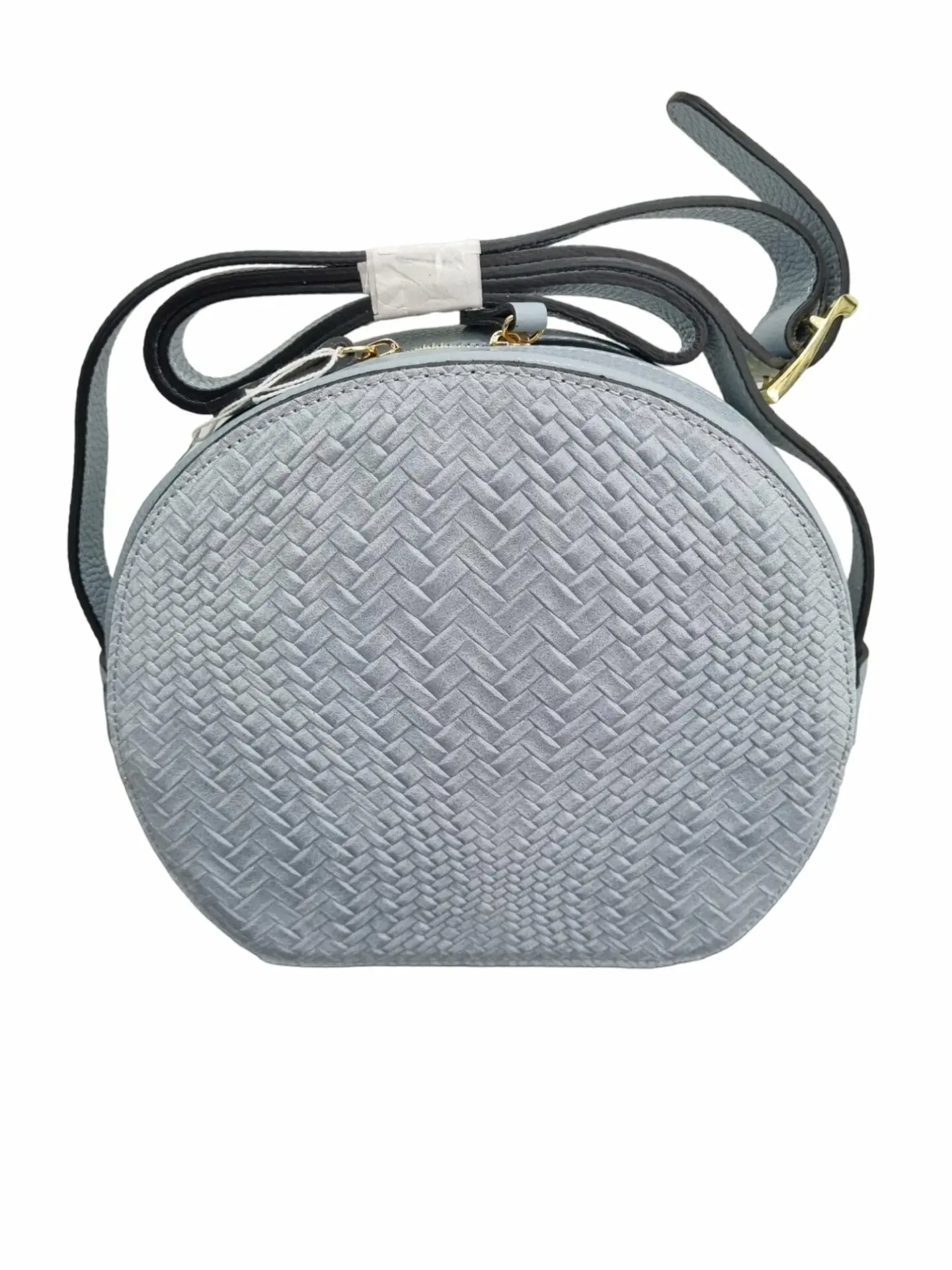 Shoulder bag in real leather woven on the front and back, made in Italy, single compartment in suede interior, zip opening. Wide adjustable shoulder strap. powder color (pastel light blue) measures H21 B 7 L17/24