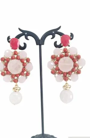 Earrings made on a brass base with rose quartz and coral paste. Length 7cm Weight 14.9g
