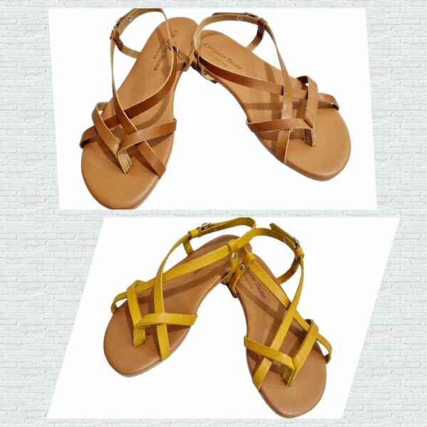 Genuine leather flip flops, made in Italy, adjustable laterally. Non-slip sole. 2cm rise available colors mustard cowhide and cognac leather.