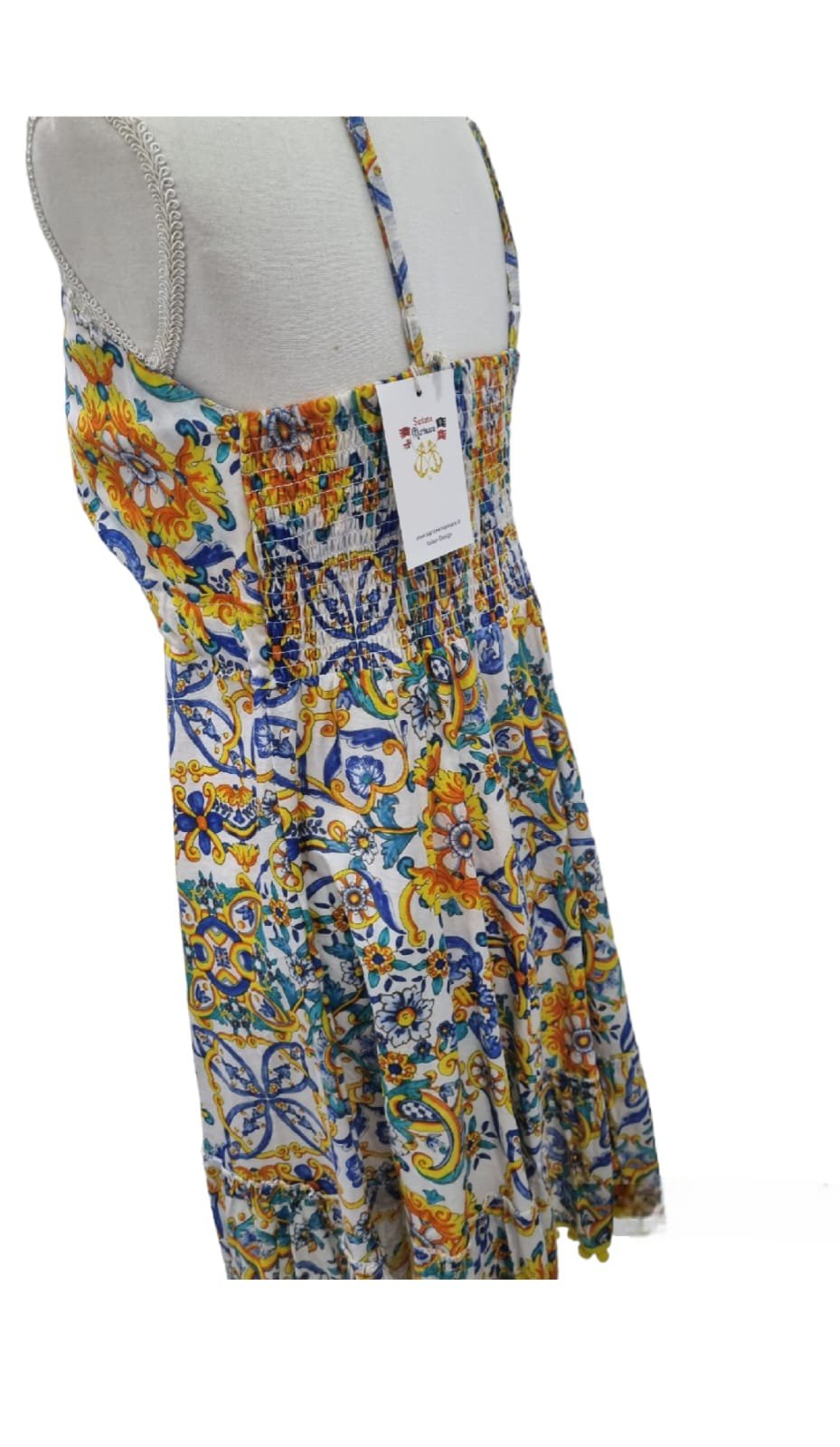 Kurzes Kleid aus Baumwolle 100% mit verstellbaren Trägern, elastischem Rücken und Bommel am Ende. Vietri-Muster in Einheitsgröße