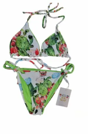Reversible triangle bikini swimsuit in green with adjustable bottoms with laces. Cactus and dark brown pattern