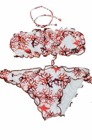 Gepolsterter Bandeau-Bikini, Möglichkeit zum Anbringen eines Trägers, verstellbarer Slip mit rotem Korallenmuster