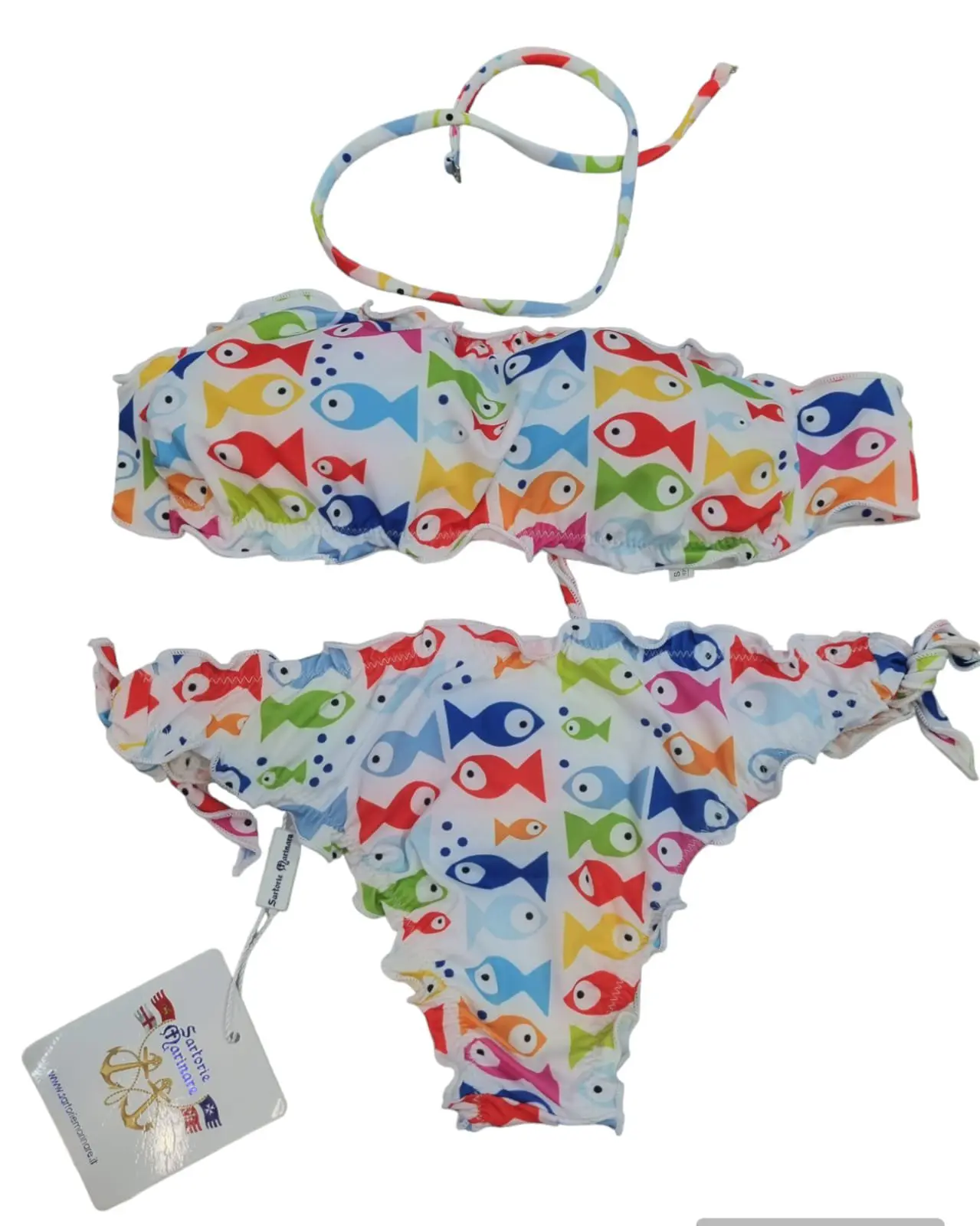 Padded bandeau bikini, possibility of wearing a strap, adjustable briefs with curls. Multicolored fish pattern