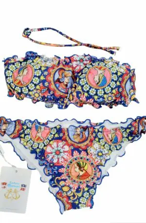 Padded bandeau bikini, possibility of wearing a strap, briefs with curls. Pupi pattern, size M