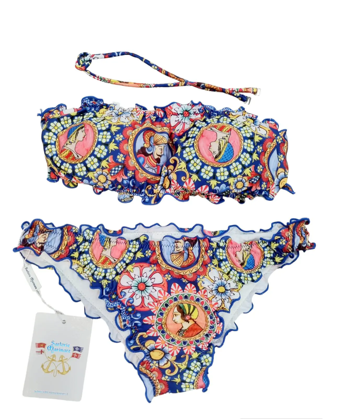 Gepolsterter Bandeau-Bikini, Möglichkeit zum Tragen eines Trägers, Slip mit Lockenmuster, Größe M