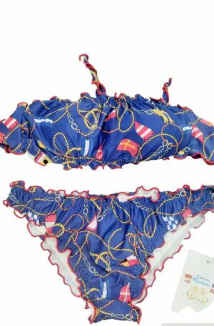 Gepolsterter Bandeau-Bikini, Möglichkeit zum Anbringen eines Trägers, geschlossener Slip mit Lockenmuster im maritimen Stil