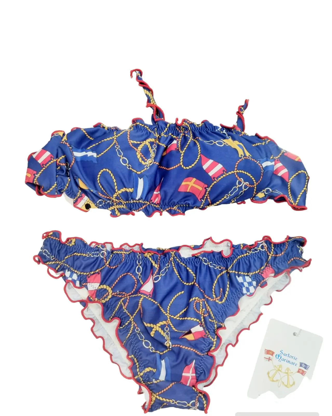 Padded bandeau bikini, possibility of adding a strap, closed briefs with Nautical pattern curl