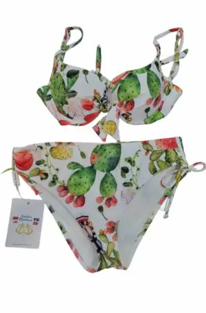 Bikini with cactus bow and dark brown heads, cut-out briefs. Adjustable straps