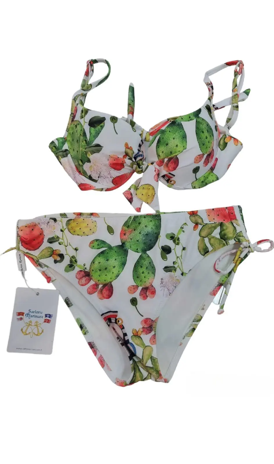 Bikini with cactus bow and dark brown heads, cut-out briefs. Adjustable straps