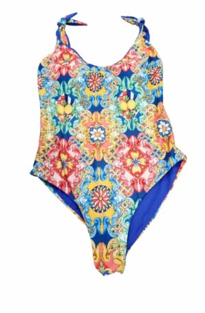 Reversible one-piece swimsuit with adjustable straps with bow and internal cups. Women's rosalia light blue pattern