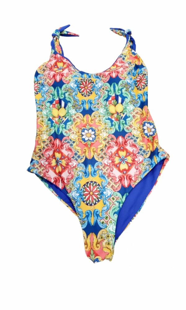 Reversible one-piece swimsuit with adjustable straps with bow and internal cups. Women's rosalia light blue pattern