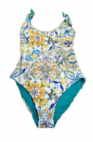 Reversible one-piece swimsuit with adjustable straps with bow and internal cups. Vietri and green pattern