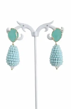 Earrings made with cat's eye stud and crystal drop – Aquamarine color Weight 6.8 g Length 4.5 cm