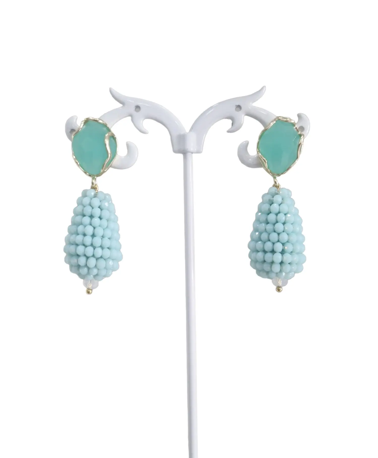 Earrings made with cat's eye stud and crystal drop – Aquamarine color Weight 6.8 g Length 4.5 cm