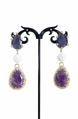 Earrings with Cat's Eye, Amethyst and Opal – Length 6cm – Weight 10 g