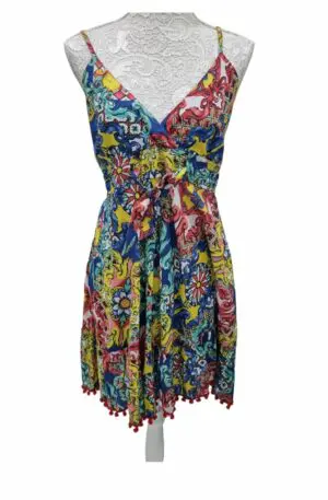 Short 100% cotton dress with adjustable straps, elasticated back and pom pom at the end. One size Rosalia women's pattern