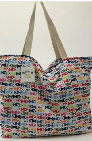 Large Beach Shopper Bag in Polyester with Zip Closure - Multicolored Fish Pattern