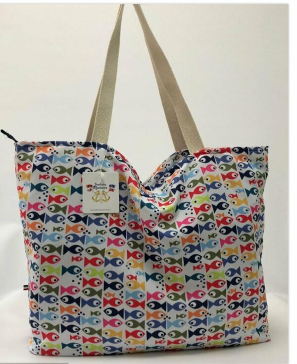 Large Beach Shopper Bag in Polyester with Zip Closure - Multicolored Fish Pattern