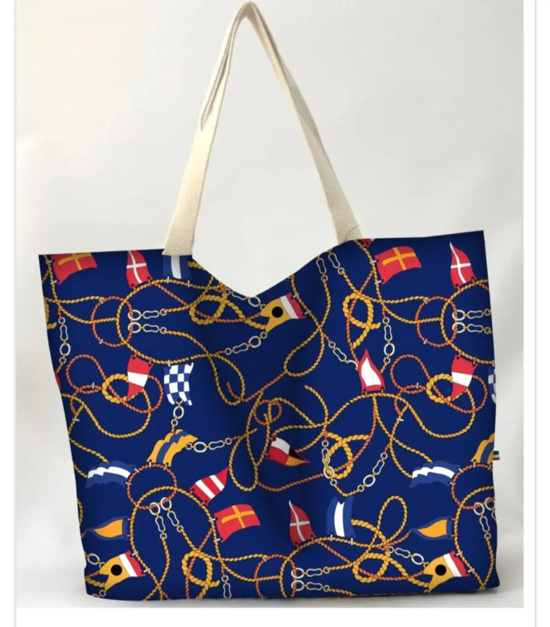 Large Beach Shopper Bag in Polyester with Zip Closure – Nautical Pattern