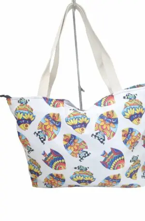 Large Beach Shopper Bag in Polyester with Large Fish Pattern – Handmade in Italy
