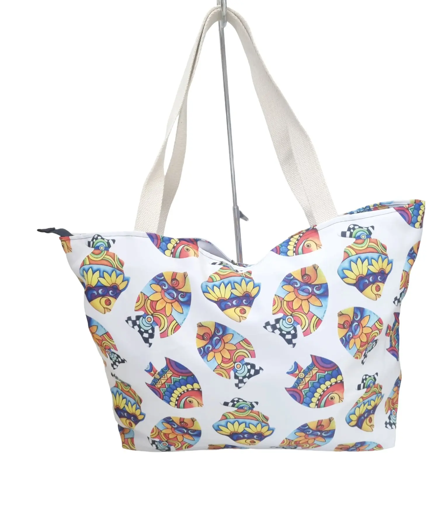 Large Beach Shopper Bag in Polyester with Large Fish Pattern – Handmade in Italy
